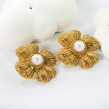 27.6*28.7mm textured four petal leaf with 7mm white glue bead stud earrings gold color