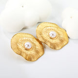 31*34.5mm Lotus Leaf with 7.8mm Half White Gum Bead Stud Earrings Gold Color