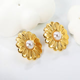 25.2mm Daisy with 7.5mm half white glue bead stud earrings gold color