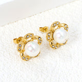 15.3mm Peach Blossom with White Diamonds + 8mm White Pearl Stud Earrings