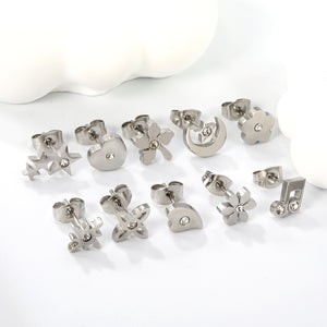 10 Pairs Mixed Cut Diamond Stud Earrings Steel Color