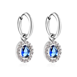 Wire 2*14mm O.D. earrings + 8.4*10.2mm oval blue glass + CNC drilling white zirconium hoop fittings earrings steel color