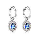 Wire 2*14mm O.D. earrings + 8.4*10.2mm oval blue glass + CNC drilling white zirconium hoop fittings earrings steel color