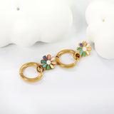 2*10mm circle + 9.4*13mm eight petal flower with colorful oil drop earrings in steel/golden color