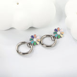 2*10mm circle + 9.4*13mm eight petal flower with colorful oil drop earrings in steel/golden color