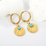 2*12mm I.D. earrings + 15mm round sunburst with white pearl/white cat's eye/turquoise earrings gold color