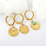 2*12mm I.D. earrings + 15mm round sunburst with white pearl/white cat's eye/turquoise earrings gold color