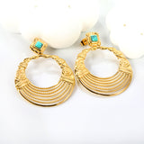 12.2mm Rhombus with Turquoise + 38.5mm Textured Circle Earrings Gold Color