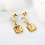 4.3*9mm rectangle with white zirconium + 10.5*11.5mm square with sunflower pattern earrings gold color