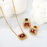 11*8.8mm rectangle garnet red zirconium with white zirconium circle earrings + necklace cross chain 0.3*44+5cm+6mm round end plate Set steel color/golden