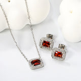 11*8.8mm rectangle garnet red zirconium with white zirconium circle earrings + necklace cross chain 0.3*44+5cm+6mm round end plate Set steel color/golden