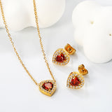 9.7*10.5mm heart shaped pomegranate red zirconium with white zirconium hoop earrings + necklace cross chain 0.3*44+5cm+6mm round end plate Set Steel/Golden color