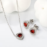 9.7*10.5mm heart shaped pomegranate red zirconium with white zirconium hoop earrings + necklace cross chain 0.3*44+5cm+6mm round end plate Set Steel/Golden color