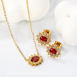 12.4*10.2 Lace Oval Garnet Red Zirconium with White Zirconium Hoops Earrings + Necklace Cross Chain 0.3*44+5cm+6mm Round Tail Plate Set Steel/Golden