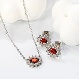 12.4*10.2 Lace Oval Garnet Red Zirconium with White Zirconium Hoops Earrings + Necklace Cross Chain 0.3*44+5cm+6mm Round Tail Plate Set Steel/Golden