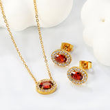 10.3*8.4mm oval garnet red zirconium with white zirconium hoop earrings + necklace cross chain 0.3*44+5cm+6mm round end plate Set steel color/golden color