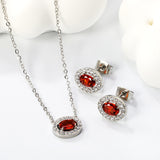 10.3*8.4mm oval garnet red zirconium with white zirconium hoop earrings + necklace cross chain 0.3*44+5cm+6mm round end plate Set steel color/golden color