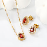 8.7*11mm teardrop shaped garnet red zirconium with white zirconium hoops earrings + necklace cross chain 0.3*44+5cm+6mm round end plate Set steel color / gold color