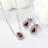 8.7*11mm teardrop shaped garnet red zirconium with white zirconium hoops earrings + necklace cross chain 0.3*44+5cm+6mm round end plate Set steel color / gold color