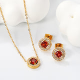 9.6mm Round Garnet Red Zirconia with White Zirconia Hoop Earrings + Necklace Cross Chain 0.3*44+5cm+6mm Round Tail Plaque Set Steel Color / Gold