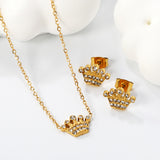 11.4*8.4mm Crown with White Zirconium Stud Earrings + Necklace Cross Chain 0.3*44+5cm+6mm Round End Plate Set Steel/Golden color