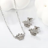 11.4*8.4mm Crown with White Zirconium Stud Earrings + Necklace Cross Chain 0.3*44+5cm+6mm Round End Plate Set Steel/Golden color