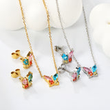 9.3*8.4mm Butterfly with white zirconium/color zirconium earrings + necklace 0.3*44+5cm+6mm round tail plate set steel/golden