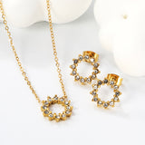 11.6mm Lace Circle with White Zirconium Stud Earrings + Necklace Cross Chain 0.3*44+5cm+6mm Round End Plate Set Steel/Golden