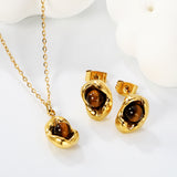 Tiger Eye Set Gold 0.3 Cross 40+5cm+6mm Earring+8.3*11.6mm Pendant Necklace 8.3*11.6mm Round Tail Plaque Set Gold color