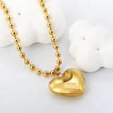 26.5*23mm Hollow Heart Pendant Necklace 4.0 Wave Bead Chain 45+5cm+6mm Round Plaque Steel Color