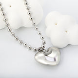 26.5*23mm Hollow Heart Pendant Necklace 4.0 Wave Bead Chain 45+5cm+6mm Round Plaque Steel Color