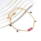 Aquamarine & Blue & Rose & Mixed Color 1 Rectangular Zircon + 4 Mixed Color Beads Anklet 21+5cm Golden