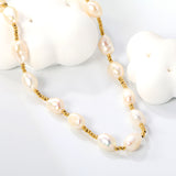 7*9mm freshwater pearl+2mm steel bead necklace 40+5cm+6mm round plaque Gold color