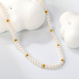 3.2mm white shell beads + 3mm small steel beads necklace 40+5cm+6mm round plaque gold color