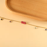 Aquamarine & Blue & Rose & Mixed Color 1 Rectangular Zircon + 4 Mixed Color Beads Anklet 21+5cm Golden