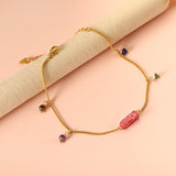 Aquamarine & Blue & Rose & Mixed Color 1 Rectangular Zircon + 4 Mixed Color Beads Anklet 21+5cm Golden