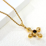 Cross with Round Brown Cat's Eye Pendant 30.2*35mm Twist Chain Necklace 2*45+5cm