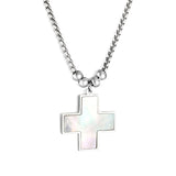 2024 New Year Cross with White Shell + 4 Steel Beads Pendant Necklace 50+5cm