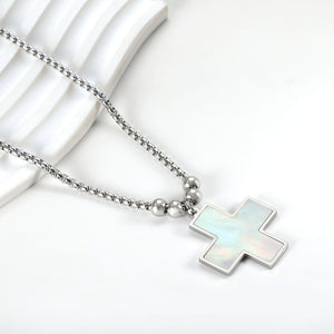 2024 New Year Cross with White Shell + 4 Steel Beads Pendant Necklace 50+5cm