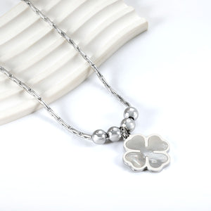 2024 New Year Clover with White Shell + 4 Steel Beads Pendant Necklace 50+5cm