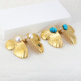 24*37mm Butterfly wings with half 7.6*9.8mm oval blue turquoise/white gum beads earrings gold color