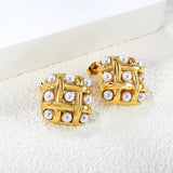 23.4mm Woven Mesh Rhombus with 4mm White Gum Bead Stud Earrings Gold Color