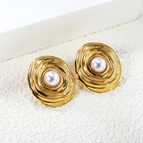 21.6*22.7mm Textured Irregular Round with 7mm Halved White Gum Bead Stud Earrings Gold