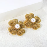 27.6*28.7mm textured four petal leaf with 7mm white glue bead stud earrings gold color