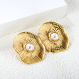 31*34.5mm Lotus Leaf with 7.8mm Half White Gum Bead Stud Earrings Gold Color