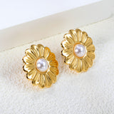 25.2mm Daisy with 7.5mm half white glue bead stud earrings gold color