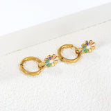 2*10mm circle + 9.4*13mm eight petal flower with colorful oil drop earrings in steel/golden color