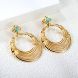 12.2mm Rhombus with Turquoise + 38.5mm Textured Circle Earrings Gold Color