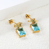 13.3*6mm Rope Ribbon + 8*10mm Rectangle Light Blue Zirconia Earrings Steel/Golden