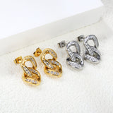 12.3*22.3mm double buckle earrings with CNC white zirconia earrings in steel color/golden